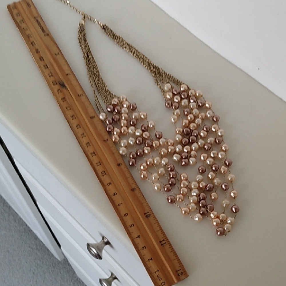 Pearl Chain Multi Strand Necklace Gold Tone Brown Ivory - Picture 10 of 11